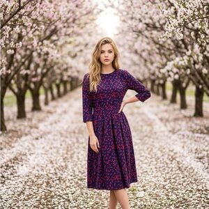 Chic Floral Midi Dress in Navy and Pink